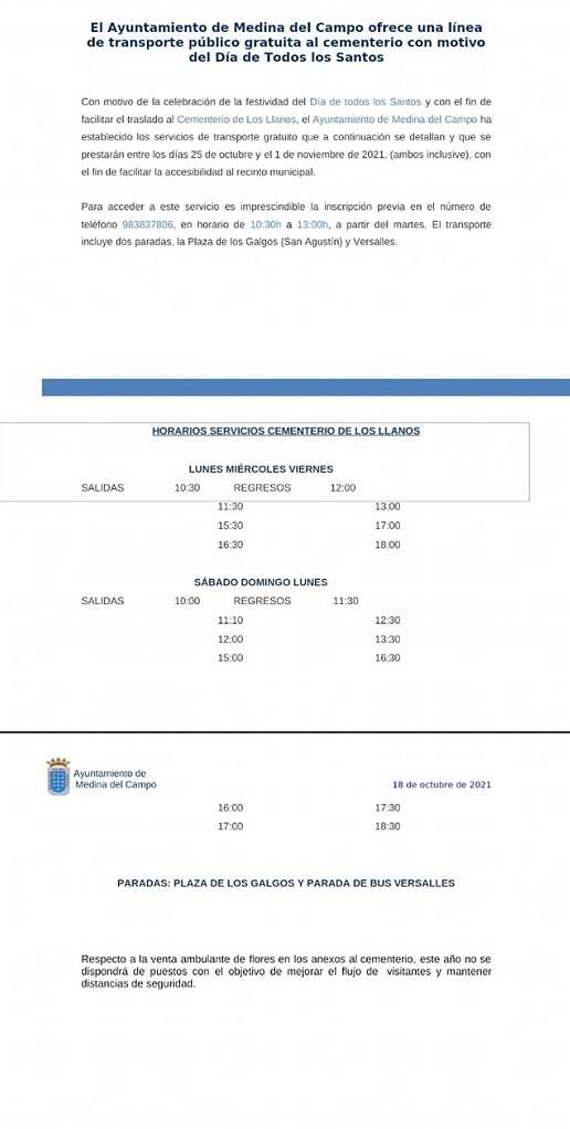 HORARIOS SERVICIOS CEMENTERIO DE LOS LLANOS 