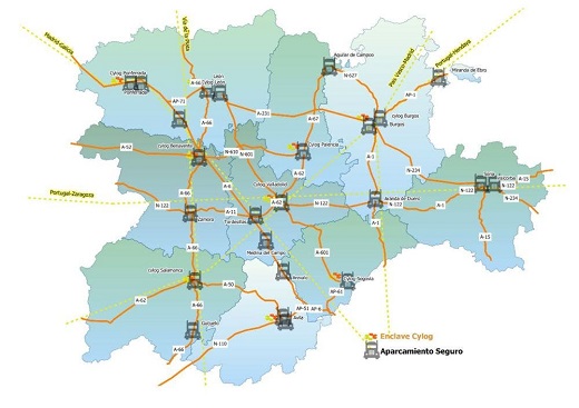 Mapa areas estacionamiento para camiones seguras y protegidas en Castilla y Leon