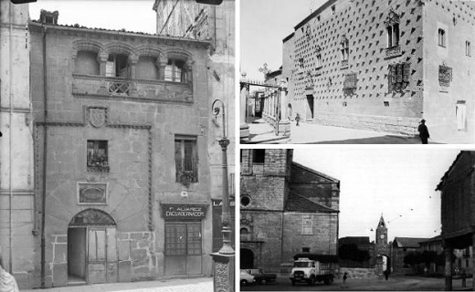 A la izquierda, casa de Juan Bravo en Segovia a principios del siglo XX.A la derecha arriba, Casa de las Conchas de Salamanca, que fue propiedad de la familia Maldonado. Debajo, arco e iglesia de Santa María de Villabrágima en los años setenta. / MINISTERIO DE CULTURA Y ARCHIVO MUNICIPAL