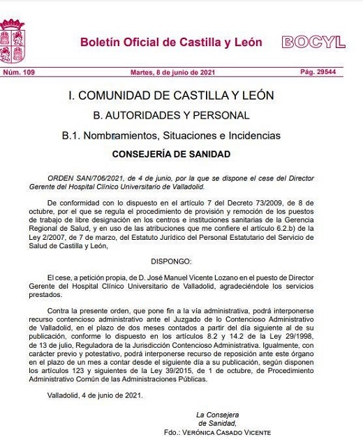 Sanidad publica en el Bocyl el cese del gerente del Hospital de Medina del Campo.