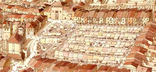 Dibujo de la plaza mayor con los puestos en época de Feria (1) Dibujo de la plaza mayor con los puestos en época de Feria (1)