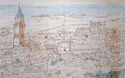 Detalle del dibujo de Anton van den Wyngaerde (1565 y 1570) de Medina del Campo, Detalle del dibujo de Anton van den Wyngaerde (1565 y 1570) de Medina del Campo,
en el que se aprecia el capitel ochavado que remataba la torre de San Antolín (3)