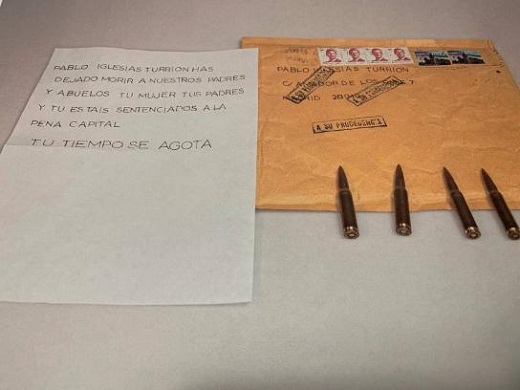 La carta amenazante que recibió Pablo Iglesias. Twitter Pablo Iglesias / EFE