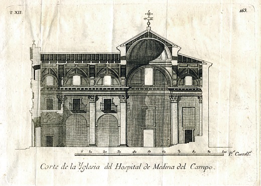 Planos de alzado y planta general del Hospital Simón Ruiz y sección longitudinal de su iglesia. Julián de Ayllón (dibujo), h. 1780 / Anónimo (grabado) En Viage de España… su autor Don Antonio Ponz… Tomo Duodécimo. Madrid, MDCCLXXXIII.
Por D. Joachin Ibarra, Impresor de Cámara de S.M. (1783, 1ª ed.)
Grabados calcográficos al buril / 16,5 x 17,5 cm (huella 16 x 13,6 cm) y 16,5 x 22 cm (huella 13 x 18,5 cm) Fundación Museo de las Ferias