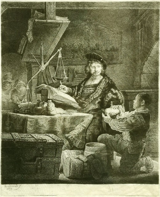 Jan Uytenbogaert, «El pesador de oro» Rembrandt van Rijn (1606-1669)
1639 Aguafuerte y punta seca sobre papel japón / 24,9 x 20,2 (huella); 27,2 x 22,2 (hoja) (abajo, a la izq. firmado: «Rembrandt f[ecit] /1639») Prueba de estampación. Tercer estado, reimpresión con retoques realizados por el capitán William E. Baillie a finales del siglo XVIII Fundación Museo de las Ferias