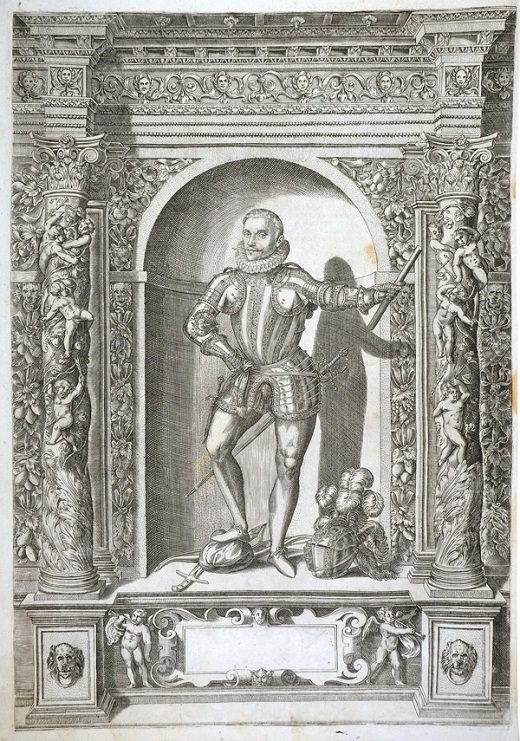 Retrato de D. Juan de Austria. Giovanni Battista Fontana (dibujo) / Dominicus Custos (grabado). En Armamentarium Heroicum. Jacob Schrenck von Notzing (texto latino). Augsburgo: 1603. Daniel Baur (ed.); J.E. Noyse von Campenhouten (trad. alemán). Grabado calcográfico / 48 x 34 cm. Fundación Museo de las Ferias