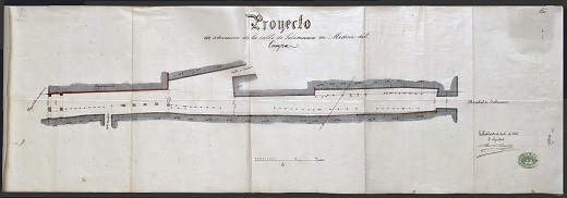 DOCUMENTOS HISTÓRICOS INÉDITOS 33 / ENERO – MARZO 2021. Proyecto de alineación de la calle de Salamanca en Medina del Campo.José Fuentes (arquitecto del distrito). Valladolid, 20 de julio de 1865. Dibujo a tinta sobre papel encerado / 31 x 93 cm. Archivo Municipal de Medina del Campo. AMMC, D, Caja 993-8852. (PUEDE AMPLIARSE)