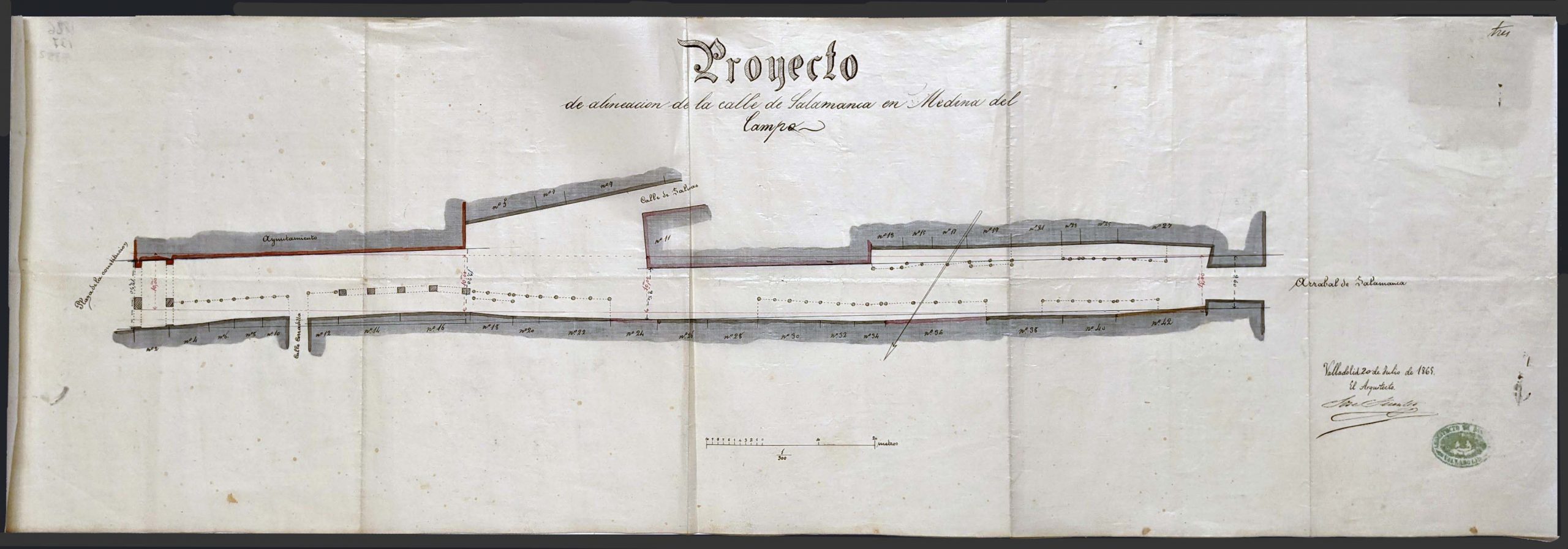 DOCUMENTOS HISTRICOS INDITOS 33 / ENERO  MARZO 2021
Proyecto de alineacin de la calle de Salamanca en Medina del Campo
Jos Fuentes (arquitecto del distrito)
Valladolid, 20 de julio de 1865
Dibujo a tinta sobre papel encerado / 31 x 93 cm
Archivo Municipal de Medina del Campo. AMMC, D, Caja 993-8852
(REGRESAMOS)