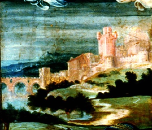 En esta tabla, atribuida a Juan de Borgoña “el Joven” y fechada hacia 1540, puede reconocerse (de izq. a dcha.): el puente almenado de Santa María sobre el Zapardiel, la ermita de Sta. María la Blanca (¿la antigua sinagoga de la judería medinense?)