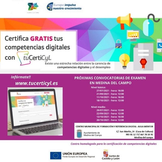 Certificado de competencias digitales en el Aula Mentor de Medina del Campo. 