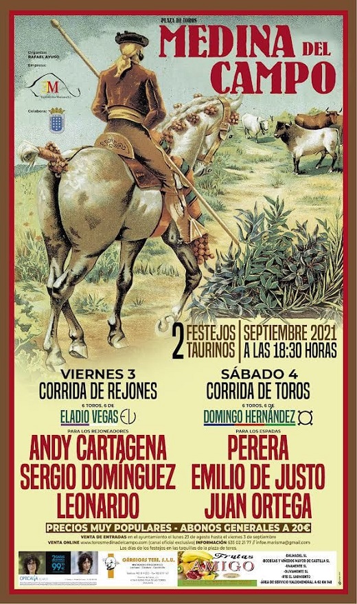 Cartel taurino de para los días 3 y 4 de semptiembre en Medina del Campo para las fiestas de San Antolín