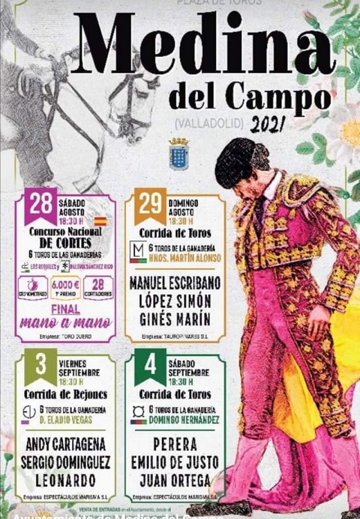 Cartel corrida de toros del día 29 de agosto de 2021 en las Ferias y Fiesta de San Antolín de Medina del Campo