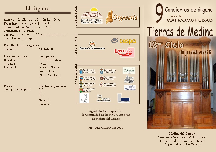 Nueve conciertos de Órgano dn la Mancomunidad Tierras de Medina del Campo. 13er Ciclo de juio a octubre 2021.(REGRESAMOS)