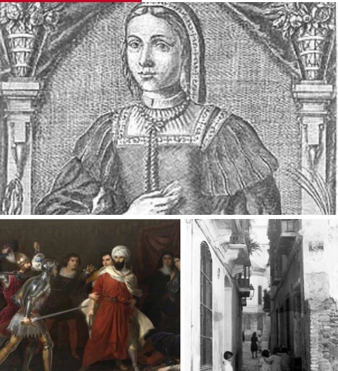 Arriba, retrato de Beatriz de Bobadilla, marquesa de Moya. Abajo a la izquierda, recreación pictórica del apresamiento de Al Guerbi. Al lado, imagen antigua de la calle Marquesa de Moya, en el entorno del MPM / SUR Y ARCHIVO MUNICIPAL