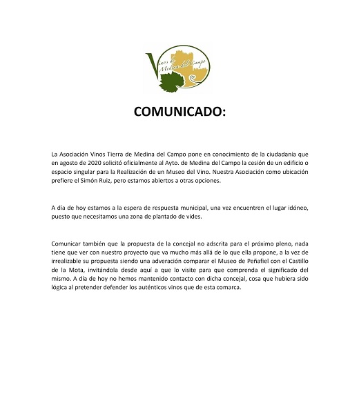 Comunicado Vinos Tierra De Medina del Campo.