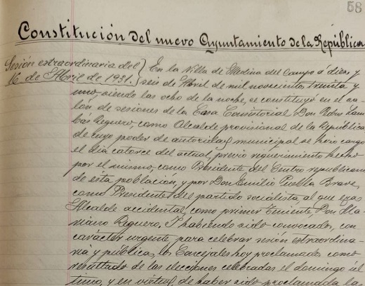 Fragmento Acta de la sesión extraordinaria del 16 de abril de 1931 // Permiso del Archivo Histórico Municipal de Medina del Campo Fragmento Acta de la sesión extraordinaria del 16 de abril de 1931 // Permiso del Archivo Histórico Municipal de Medina del Campo