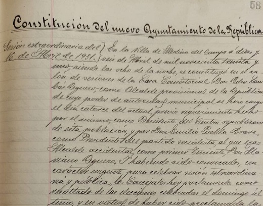 Fragmento Acta de la sesión extraordinaria del 16 de abril de 1931 // Permiso del Archivo Histórico Municipal de Medina del Campo