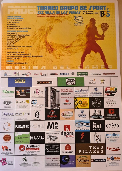 Cartel Torneo de Padel del 30 de julio al 7 de agosto en plaza mayor de la Hispanidad de Medina del Campo