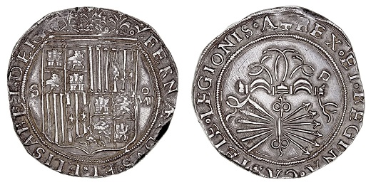 8 reales de plata con el escudo de los Reyes Católicos, acuñado en Sevilla. Sin fecha pero posterior a 1497.