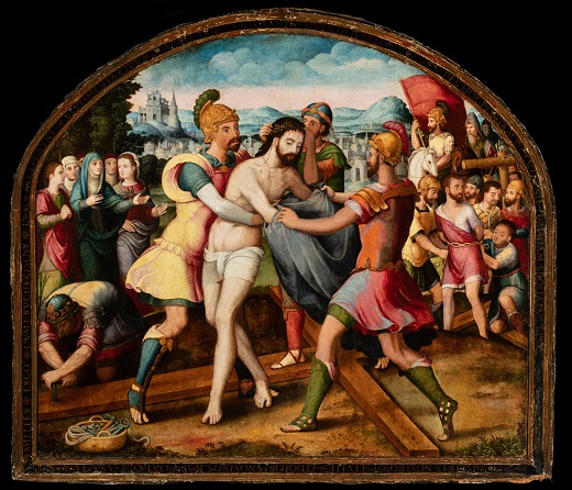 El Expolio (Jesús despojado de sus vestiduras).Luis Vélez (doc. entre 1518 y 1575). Mediados del siglo XVI. Óleo sobre tabla / 128 x 145 cm (medidas totales con marco). Colección Granados, Madrid. Inscripción en el marco (desde el ángulo inferior izquierdo): * MILITES * ERGO * CUM CRUCIFIXIS[S]ENT * EUM * ACCEPERUNT * VESTIMENTA EIUS * ERAT AUTEM TUNICA * INCONSUTILIS * IOA[N 19, 23] SUPER HOC PLA[N]GAM * ET ULULAB[O] * VADAM SPOLIATUS ET N[UDUS… MICHEAS 1, 8]. [VERE] LANGUORES NOSTROS IPSE TULIT * ET DOLORES NOSTROS IPSE PORTAV[IT] ESA [53, 4]. Los soldados, después de crucificarle, tomaron sus vestiduras y su túnica sin costura (Juan 19,23) . Por ello yo gemiré y me lamentaré, e iré descalzo y desnudo (Miqueas 1,8) . Verdaderamente Él fue quien soportó nuestros sufrimientos y cargó con nuestros dolores (Isaías 53,4)