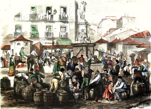 Madrid. En la fuente de Lavapiés. Francisco Pradilla (dibujo) / Bernardo Rico (grabado.). La Ilustración Española y Americana, 16 junio 1872. Xilografía coloreada / 22’3 x 31 cm (huella)
Fundación Museo de las Ferias. Donación de la Asociación “Amigos del Museo de las Ferias
y del Patrimonio de Medina del Campo