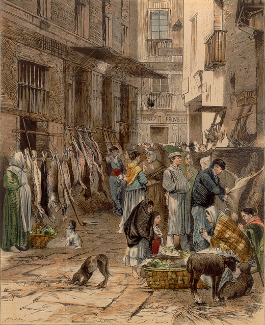 Madrid. La calle de la Caza. Francisco Pradilla (dibujo) / Marcelo París (grabado). La Ilustración Española y Americana, 22 febrero 1874. Xilografía coloreada / 19′ 9 x 15’8 cm
Diputación de Valladolid. Obra depositada en el Museo de las Ferias