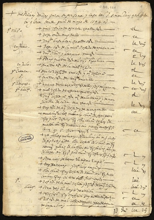 “Mediçinas dadas para su persona y casa del señor Simón Ruiz, que está en gloria”. Medina del Campo, 1 mayo 1594 – 28 febrero 1597. Manuscrito sobre papel / cuadernillo de 12 ff. Archivo Simón Ruiz. ASR, CC, C 203, 161