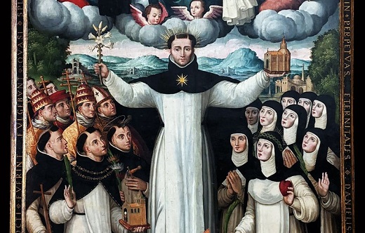 Santo Domingo protector de la Orden Dominica. Luis Vélez. 1564 (fechado en el marco)
Óleo sobre tabla / 245 x 179 cm. Convento de Sta. María la Real (Dominicas). Obra depositada en la Fundación Museo de las Ferias. Inscripción en el marco (desde el ángulo inferior izquierdo) : “QVI * AVTEM * DOCTI * FVERINT FVLGEBVNT * QVASI * SPLENDOR FIRMA / MENTI * ET * QVI * AD * IVSTITIAM * ERVDIVNT MVLTOS * / QVASI * STELL[A]E * IN * PERPETVAS * AETERNITATES * DANIELIS * CAPI * 12 [: 3] / * * * * * ANO MDLXIIII * * * * *”
“Los sabios brillarán como el resplandor del firmamento y los que enseñaron la justicia
a la multitud resplandecerán eternamente como las estrellas. Daniel, cap. 12 [: 3]”