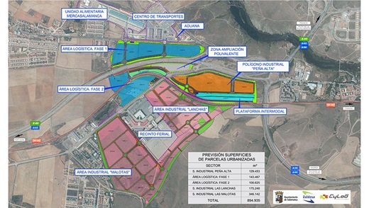 Plano íntegro de la plataforma logística. La zona de carga y descarga de trenes está coloreada de azul celeste.