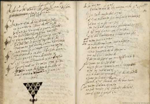 Parte superior página izquierda: Firma de Leonor modificada por ella misma en Libro de romances nuevos y otras poesías … hecho en el año de 1592 [Manuscrito] conservado en la BNE / Fuente: BNE