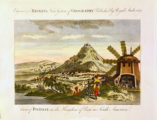 GETTY IMAGE. Imagen de 1788 del Cerro Potosí, en la actual Bolivia, una de las principales minas de donde el Imperio Español extrajo plata para acuñar su popular Real de a ocho