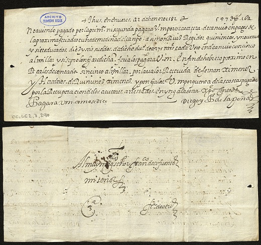 “Documentos Archivo Simón Ruiz” nº 43: Letra de cambio girada por Diego y Pedro de la Peña a Francisco de Cifuentes a pagar en feria de octubre de Medina del Campo a Simón Ruiz. Amberes, 2 de enero de 1582.