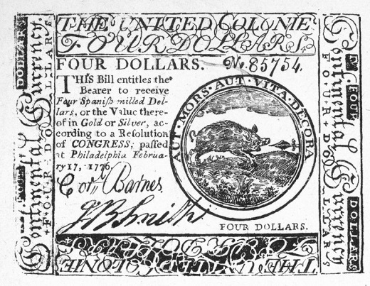 GETTY IMAGES. Billete de 4 dólares de 1776. Los revolucionarios estadounidenses financiaron su movimiento emitiendo papel moneda que llamaron "Moneda Continental". En el papel se lee: "Este billete da derecho a su portador a recibir cuatro dólares españoles acuñados, o su valor en oro o plata..."
