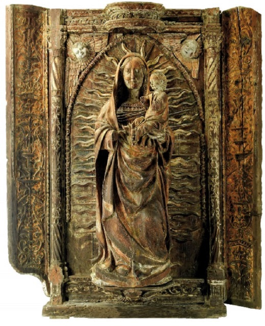 Retablo de la Virgen delPópulo ( Anónimo, hascia 1520) Desde la capilla de la Virgen del Pópulo de la Colegiata se oficiaba la misa los días de feria no festivos, para que los mercaderes no tuvieran que ausentarse de sus tiendas; por ello, esta obra es, sin duda, la de más extrecha vinculación con las ferias históricas medinenses. Foto: Fundación Museo de las Ferias.