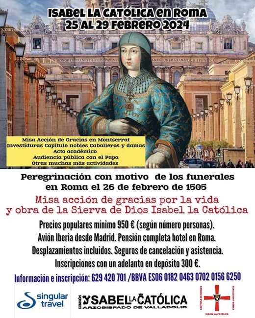 Cartel Peregrinación a Roma por el 520 aniversario de los funerales de Isabel la Católica.