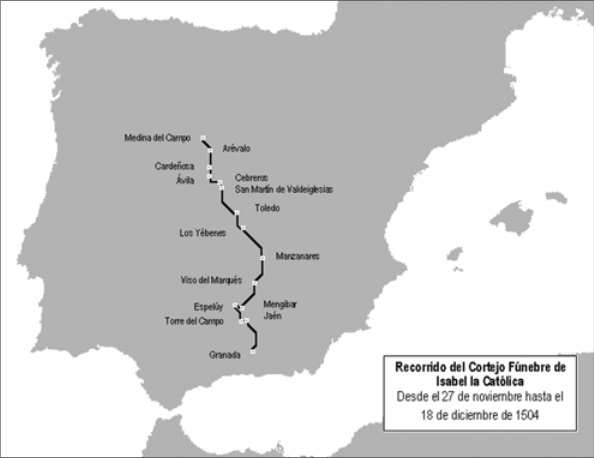 Recorrido cortejo fúnebre de Isabel la Católica dede el 27 de noviemvre hasta el 18 de diciembre de 1504