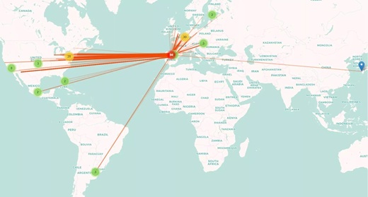Mapa del mundo con el reparto de obras de artCastilla y León localizadas por el proyecto. ( PUEDE AMPLIARSE )