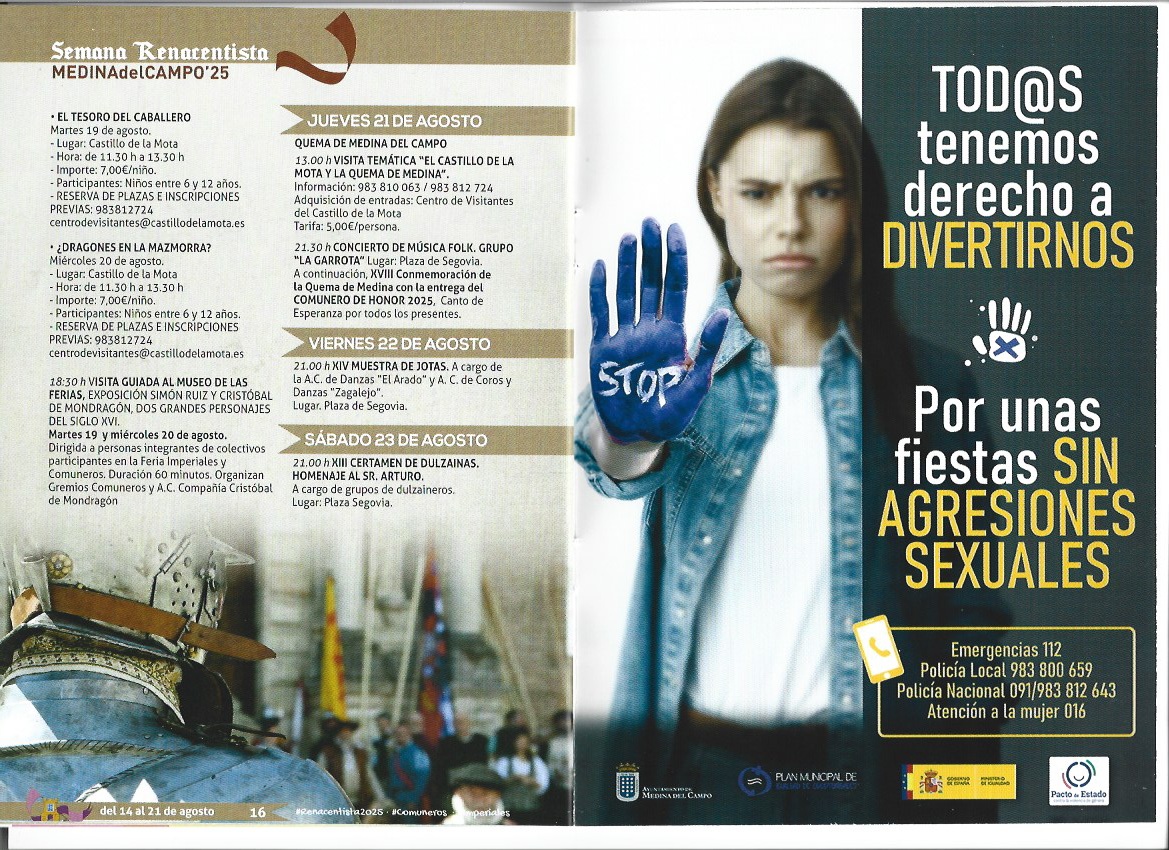 P R O G R A M A C I Ó N. SEMANA RENSCENTISTA. FERIA IMPERIALES Y COMUNEROS. MEDINA DEL CAMPO. Del 14 al 21 de agosto de 2025 ( REGRESAMOS )