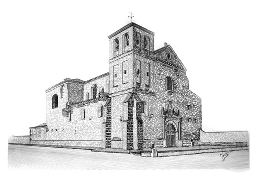 Iglesia de Santiago Ap&oacute;stol, Medina del Campo. Dibujo a plum&iacute;n de Juan Antonio del Sol Hern&aacute;ndez.