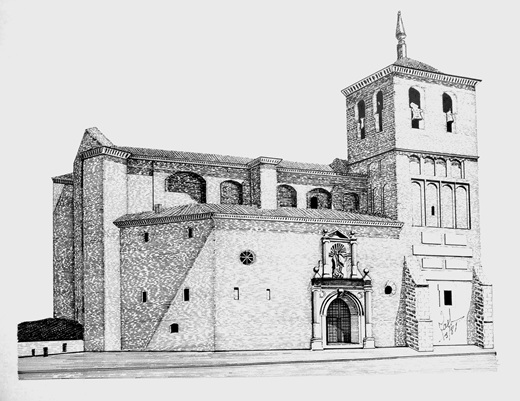 Iglesia de San Miguel Arc&aacute;ngel de Medina del Campo. Dibujo a plum&iacute;n de Juan Antonio del Sol Hern&aacute;ndez.