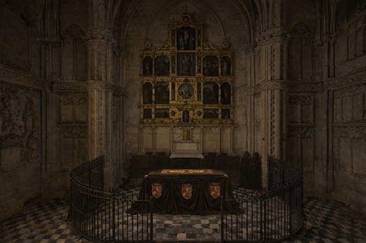 Recreación realizada por IA del posible aspecto del catafalco de Isabel I en San Juan de los Reyes. Recreación realizada por IA del posible aspecto del catafalco de Isabel I en San Juan de los Reyes.