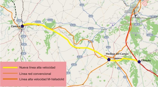 Mapa de la línea Olmedo-Zamora.