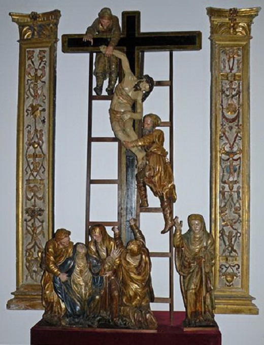 Descendimiento del Señor. Juan Picardo (escultura), Luis Vélez (policromía).1558-1560. Madera policromada / 280x142x65 cm (pilastras: 280x 35 cm). Museo Diocesano y Catedralicio. Valladolid